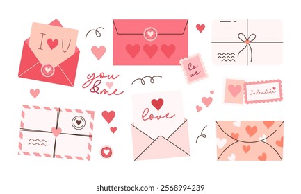 Set of Envelopes and Love Letter Stickers. Romantic Open and Closed Envelopes with Various Elements for Wedding and Valentine Day Decoration Flat Hand Drawn Illustration