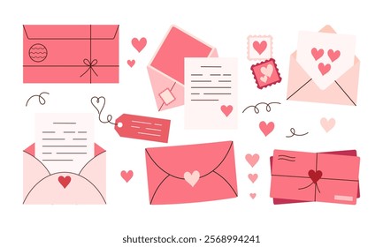 Set of Envelopes and Love Letter Stickers. Romantic Open and Closed Envelopes with Various Elements for Wedding and Valentine Day Decoration Flat Hand Drawn Illustration