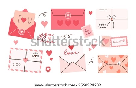 Set of Envelopes and Love Letter Stickers. Romantic Open and Closed Envelopes with Various Elements for Wedding and Valentine Day Decoration Flat Hand Drawn Illustration