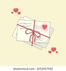 Conjunto de Envelopes com Cartas de Amor amarrados com Corda, Ilustração Vetorial do Dia dos Namorados.