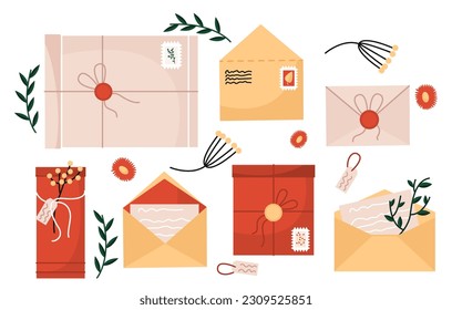 Set of envelopes. Messages, remote communication. Friendly and romantic correspondence. Post and mail. Postal cards with post stamps. Cartoon flat vector collection isolated on white background