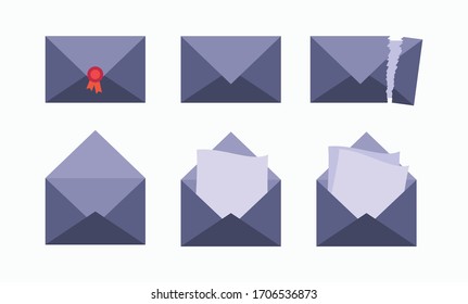 A Set Of Envelopes. Open Envelopes. Envelopes For Letters. Stylish Flat Design. Vector Illustration. Printed Envelope With A Torn Edge.