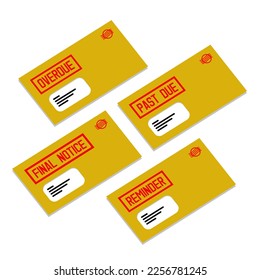 Set of envelopes. Overdue, past due, reminder, final notice. Finance concept. Flat vector illustration.