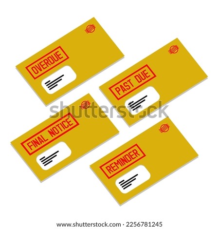 Set of envelopes. Overdue, past due, reminder, final notice. Finance concept. Flat vector illustration.