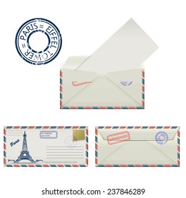 Set of envelopes from Paris with a painted the Eiffel Tower and postmark. Stylization. Vector illustration.