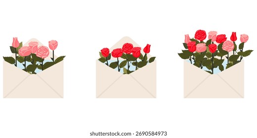 Un juego de sobres con rosas rosas rosas y rojas en el interior. Ilustración vectorial sobre fondo blanco.
