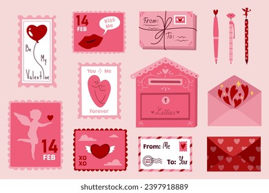Set of envelopes, postage stamps, mailbox and pens on pink backg