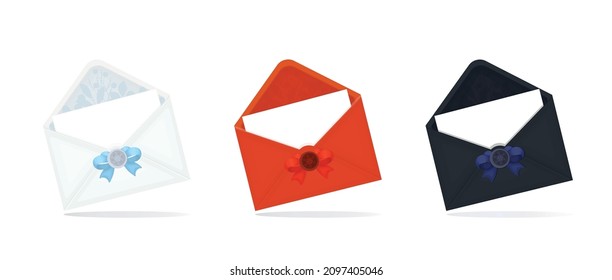 Set of envelopes. Realistic vector envelope layout with a postcard inside and space for your text. Vector illustration on a white background.