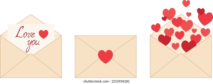 A set of envelopes with red hearts isolated on a white background. February 14. Valentine's day greetings. Happy wedding day. Vector love letters images. Stickers, card, icon, heart in envelope.
