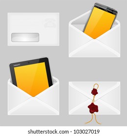 Set of Envelopes with Smart Phone, Tablet PC and Wax Seals, vector illustration