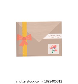 Set of envelopes with stamps. Icon for delivery letter, correspondence through postal service. Hand made gift or present with craft paper letter, ribbon, branches and other decor elements. Flat vector