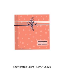 Set of envelopes with stamps. Icon for delivery letter, correspondence through postal service. Hand made gift or present with craft paper letter, ribbon, branches and other decor elements. Flat vector
