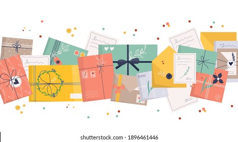 Set of envelopes with stamps. Icon for delivery letter,  postal service. Hand made gift or present with craft paper letter, ribbon, branches and decor elements. flat vector pattern