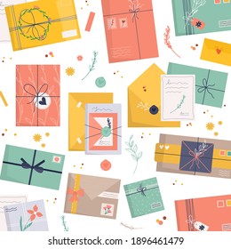 Conjunto de sobres con sellos. Icono para carta de entrega, servicio postal. Entrega o regalo de mano con papel artesanal, cinta, ramas y elementos decorativos. patrón vectorial plano