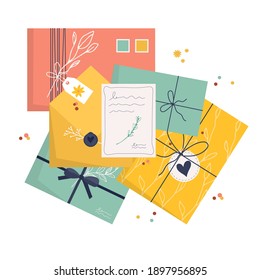 Set of envelopes with stamps. Icon for delivery letter, correspondence through postal service. Hand made gift or present with craft paper letter, ribbon, branches and decor . flat trandy vector