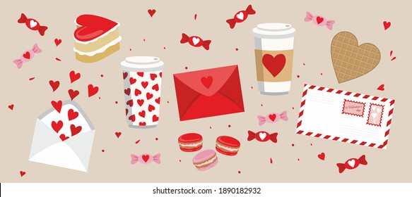 set of envelopes, sweets, coffee tops and hearts on beige background for valentine's day