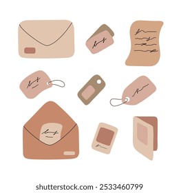 Set of envelopes, tags, letters, cards with craft paper. Hand drawn flat illustration