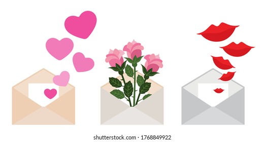 set of envelopes with various symbols of gratitude and love. a drawing in the style of the cartoon. stock vector illustration. EPS 10.