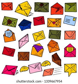 Set of envelopes. Vector cartoon illustration. Isolated objects on a white background. Hand-drawn style.