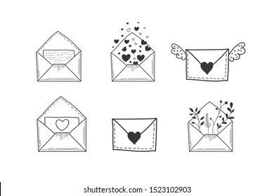 A set of envelopes. Vector illustration of hands in doodle style. Drawings of letters