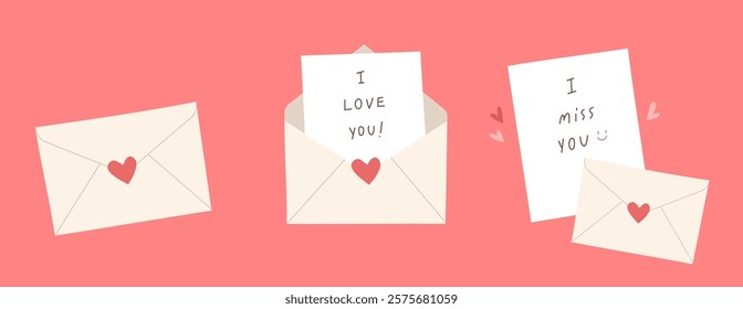 Set of envelops and letter inside with "I love You" and "I miss you" messages isolated on peach background. Concept of love letter, Valentine's day, cute card, Febuary 14. Flat vector illustration.