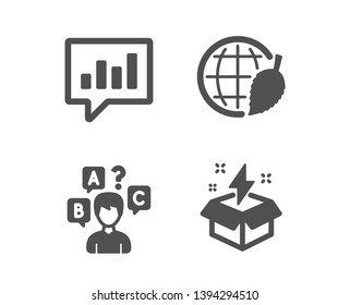Set of Environment day, Quiz test and Analytical chat icons. Creative idea sign. Safe world, Interview, Communication speech bubble. Lightning.  Classic design environment day icon. Flat design