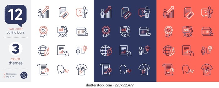 Set of Environment day, T-shirt design and Employee result line icons. Include Business idea, Search employee, Approved award icons. Presentation, Document, Accounting web elements. Vector