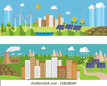 Set von Umwelt- und Umweltbannern. Grüne Energie und Umweltverschmutzung.