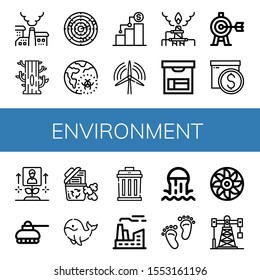 Set of environment icons. Such as Pollution, Tree, Dart, Global warming, Growth, Wind turbine, Box, Target, Tank, Recycle bin, Whale, Garbage, Factory, Sewer , environment icons