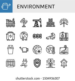 Set of environment icons such as Watering can, Oil rig, Turbine, Oil pump, Boxes, Wind turbine, Waste, Climate change, Leaves, Electric car, Tank, Bin, Global warming , environment