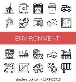 Set of environment icons. Such as Wind energy, Water hose, Waste, Save the planet, Compost, Hydro power, Bin, Carbon dioxide, Electric car, Dam, Solar panel , environment icons