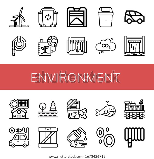 Set of\
environment icons. Such as Wind energy, Water hose, Waste, Save the\
planet, Compost, Hydro power, Bin, Carbon dioxide, Electric car,\
Dam, Solar panel , environment\
icons