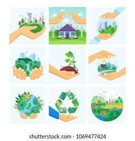 Set Of Environment Protection, Use Alternative Energy, Careful Attitude To Nature. Clean City, Preservation Ecology. Hand Holds Handful Earth With Growing Plant, Keeping Alive. Vector Illustration.