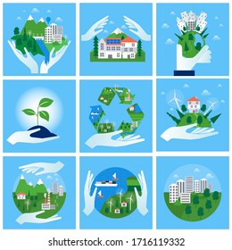 Set of environment protection, use alternative energy, careful attitude towards nature and earth. Ecological living, sustainable clean city, preservation ecology. Eps 10 Vector illustration