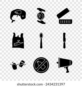 Set Umweltschutz Wal tot, Hände mit Erdkugel, Lunchbox, Problem Verschmutzung des Ozeans, Keine Plastikflasche, Spread Word, Megaphon, Toter Vogel und Einweg-Löffel-Symbol. Vektor