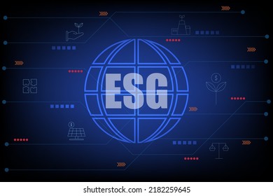 Set Of Environment, Social, And Governance (ESG) Concept. Earth With Thin Line Icons Such As Sustainable Ecological, Save Water And Energy, And Honest People. 