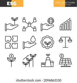 Set Of Environment, Social, And Governance(ESG)icons. Thin Line Icons Such As Sustainable Ecological, Save Water And Energy, Honest People. Editable Stroke. Pixel Perfect 64x64 For Web And Mobile.