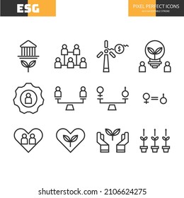 Set Of Environment, Social, And Governance(ESG)icons. Thin Line Icons Such As Sustainable Ecological, Save Water And Energy, Honest People. Editable Stroke. Pixel Perfect 64x64 For Web And Mobile.