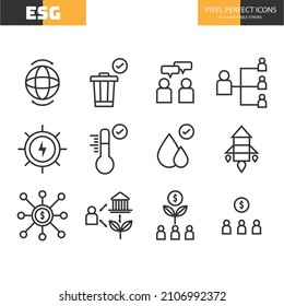 Set Of Environment, Social, And Governance(ESG)icons. Thin Line Icons Such As Sustainable Ecological, Save Water And Energy, Honest People. Editable Stroke. Pixel Perfect 64x64 For Web And Mobile.