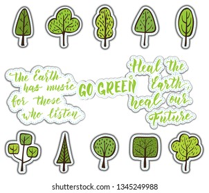 Set of environment stickers. Hand drawn trees and lettering design. Happy mother Earth day concept. Green forest conservation. Nature saving. 