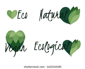 Set of environmental badges with flat hearts made of leaves. Vegan, nature and ecology. Vector object for icons, logos, labels and your design.