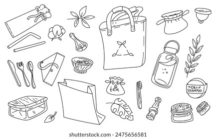 A set of environmental contour items package, grocery bag, cutlery, water tubes, tea, cosmetics, groceries, water bottle, leaves. Conscious use, capacity, storage. Isolated objects on a white