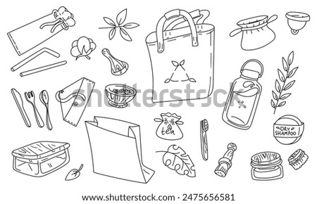 A set of environmental contour items package, grocery bag, cutlery, water tubes, tea, cosmetics, groceries, water bottle, leaves. Conscious use, capacity, storage. Isolated objects on a white