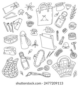 set of environmental contour items paper bag, grocery bag, cutlery, groceries, cosmetics, water, greens. Conscious use, capacity, storage. Isolated objects on a white background. Doodle