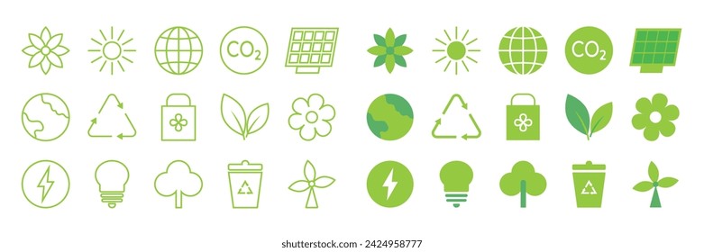 Set of environmental ecofriendly icons. Green organic outlined symbols with eco technology, solar panel, wind power plant, waste recycling, renewable energy, climate change and global warming concept