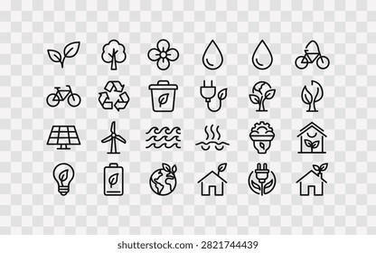 Set of environmental and ecofriendly line icons, including nature, renewable energy, recycling, and sustainable living symbols