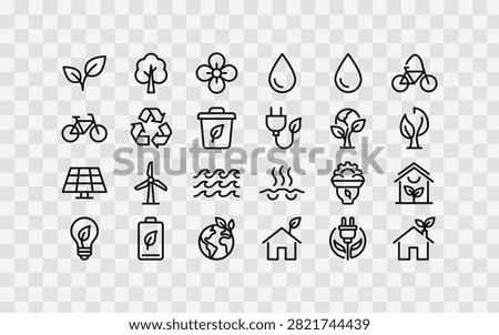 Set of environmental and ecofriendly line icons, including nature, renewable energy, recycling, and sustainable living symbols