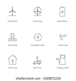 Set of Environmental and Eco-friendly Vector Icons. Concept of wind, solar, renewable, green energy, carbon-dioxide free environment and electric car production.
