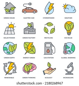 Conjunto de ilustraciones vectoriales del icono de ecología ambiental. Envase ecológico. casa verde, coche eléctrico, energía hidráulica, etc plantilla de símbolos para la colección de diseño gráfico y web