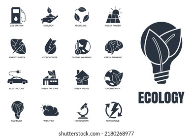 Conjunto de ilustraciones vectoriales del icono de ecología ambiental. Envase ecológico. casa verde, coche eléctrico, energía hidráulica, etc plantilla de símbolos para la colección de diseño gráfico y web